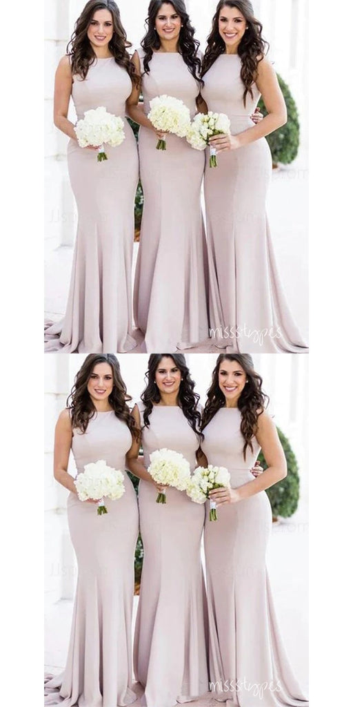 Elegant Bateau Sleeveless Satin Mermaid Girl Long Bridesmaid Dresses Online, BL103