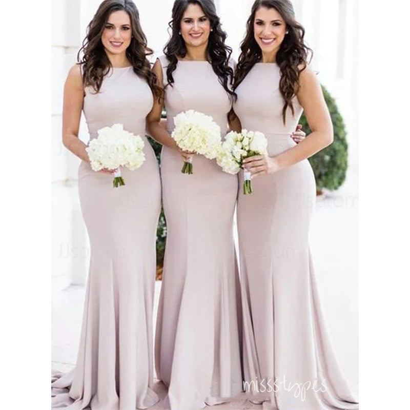 Elegant Bateau Sleeveless Satin Mermaid Girl Long Bridesmaid Dresses Online, BL103