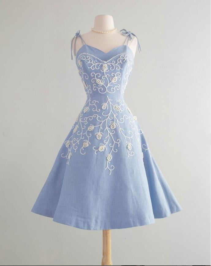 New Arrival Blue Appliqued Spaghetti Strap A-Line Women Mini Party Homecoming Dresses,HM252