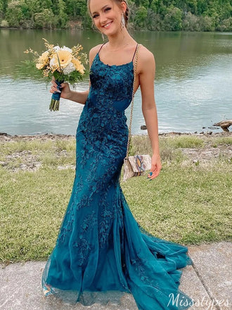 Elegant Spaghetti Strap Mermaid Lace Long Prom Dress Ideas, Evening Party Dresses,ZX600