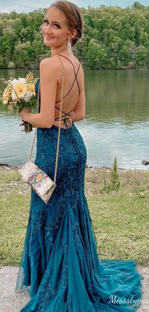 Elegant Spaghetti Strap Mermaid Lace Long Prom Dress Ideas, Evening Party Dresses,ZX600