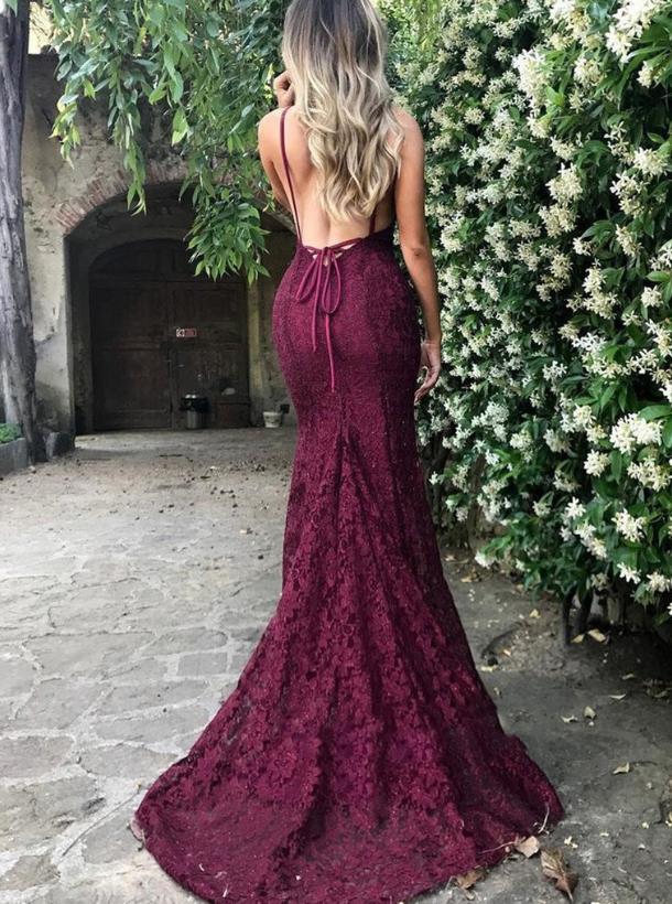 Burgundy Sexy V-Neck Mermaid Spaghetti Strap With Trailing Long Prom Evening Dress,ZX295