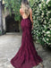 Burgundy Sexy V-Neck Mermaid Spaghetti Strap With Trailing Long Prom Evening Dress,ZX295