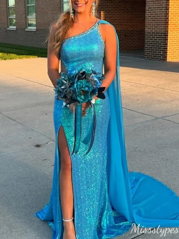Unique One-shoulder Mermaid Sequins Long Prom Dress Ideas, Evening Party Dresses,ZX602