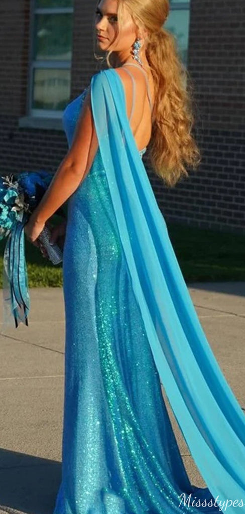 Unique One-shoulder Mermaid Sequins Long Prom Dress Ideas, Evening Party Dresses,ZX602