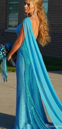 Unique One-shoulder Mermaid Sequins Long Prom Dress Ideas, Evening Party Dresses,ZX602