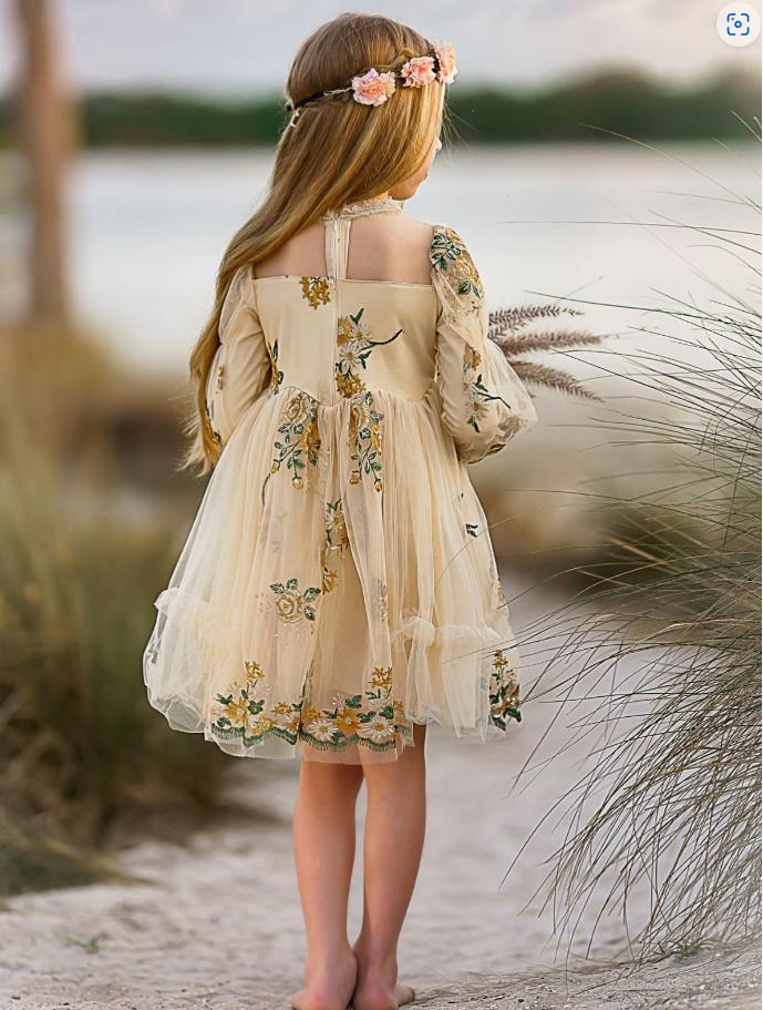 Yellow Full Sleeve Tulle Appliqued Little Flower Girl Dresses, ET52