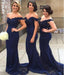 Navy Blue Mermaid Off Shoulder Sexy With Trailing Women Bridesmaid Dresses Online, BL109