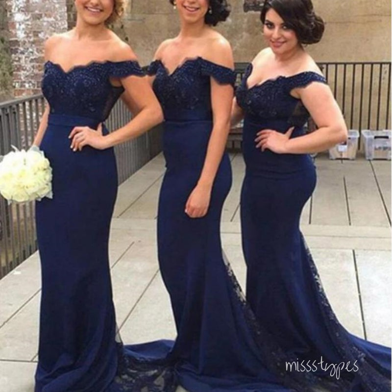 Navy Blue Mermaid Off Shoulder Sexy With Trailing Women Bridesmaid Dresses Online, BL109