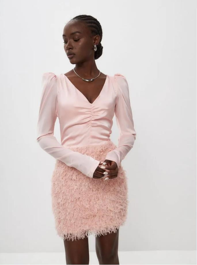 Mismatched Pearl Pink Full Sleeve Soft Feather Mini New Arrival Homecoming Dresses,HM130