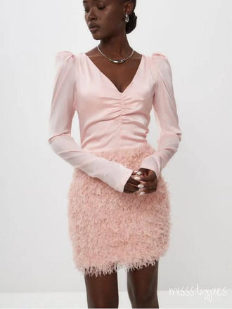 Mismatched Pearl Pink Full Sleeve Soft Feather Mini New Arrival Homecoming Dresses,HM130