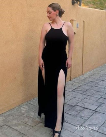 Simple Women Black Side Slit Spaghetti Strap Long Prom Evening Dress,ZX357