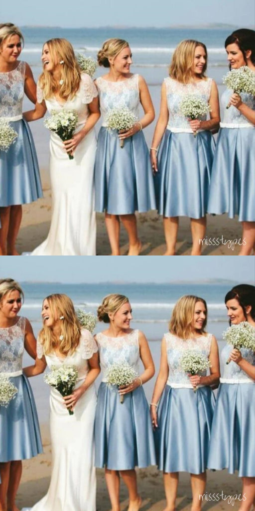 Vintage White&Blue A-Line Appliqued Tea-Length Bridesmaid Dresses Online, BL58