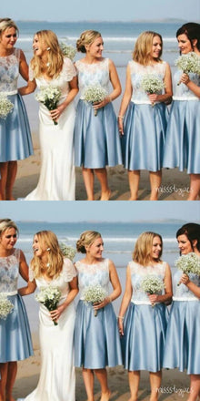 Vintage White&Blue A-Line Appliqued Tea-Length Bridesmaid Dresses Online, BL58