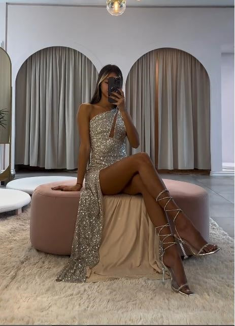 Sexy Sliver Side Slit One Shoulder Mermaid Long Prom Evening Dress,ZX315