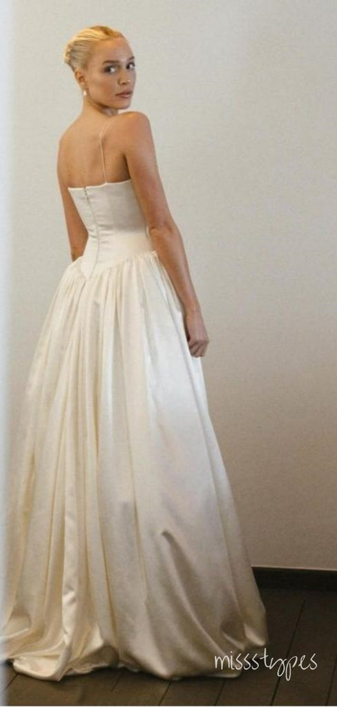 Women Simple Empire Spaghetti Strap Beige Long Fashion Wedding Dresses,HS110