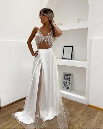 Women Elegant Beaded Satin White Side Slit Sweetheart Mermaid Long Prom Evening Dress,ZX316
