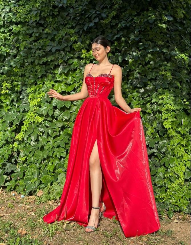 Sexy Red Beading Spaghetti Strap Side Slit Mermaid Long Prom Evening Dress,ZX320