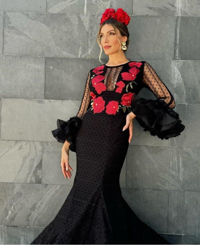 Sexy Elegant Mermaid Black Red Appliqued Full Sleeve Evening Prom Evening Dress,ZX196