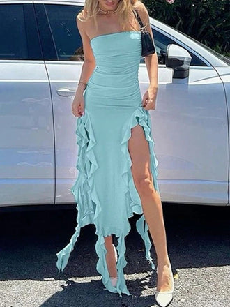 Unique Mismatched Mint-Blue Strapless Long High Slit Prom Dresses,ZX39