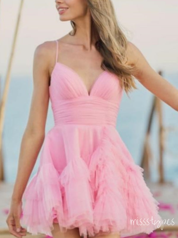 Beautiful Blush Pink Tulle A-Line Sweetheart Mini Homecoming Dresses, HM89