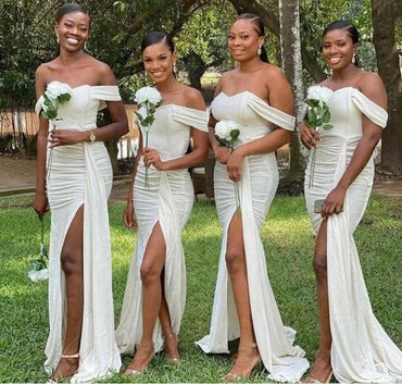 Sexy White Pleat Off Shoulder Side Slit Mermaid Women Floor-Length Bridesmaid Dresses Online, BL162