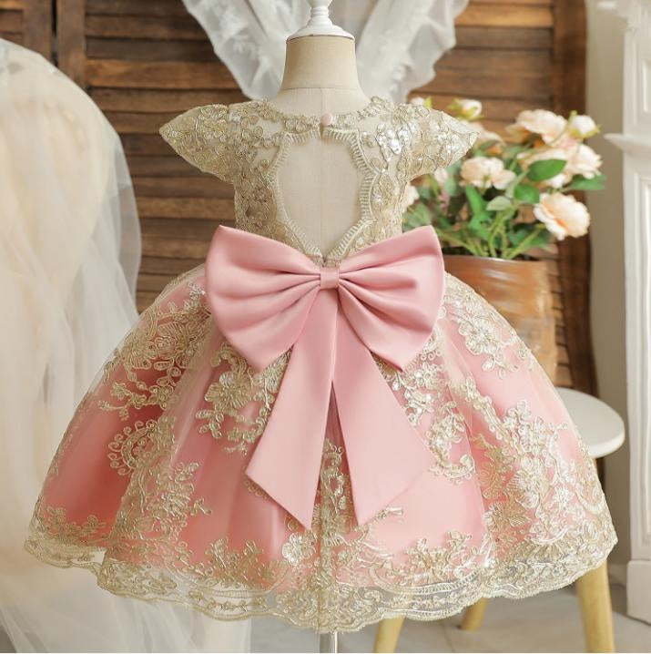 Lace Backless Pink A-Line Cap Shoulder Little Flower Girl Dresses, ET56