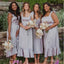 Purple Ruffle Soft Satin Square A-Line Tea-Length Bridesmaid Dresses Online, BL56