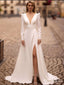 White Elegant V-Neck Side Slit Full Sleeve With Tail Mermaid Wedding Dresses HS27