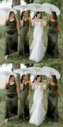 Simple Green Spaghetti Straps Cross Back Satin Bridesmaid Dresses Online, BL99