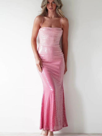 Gradient Spaghetti Strap Criss-Cross Mermaid Pink Evening Prom Evening Dress,ZX217