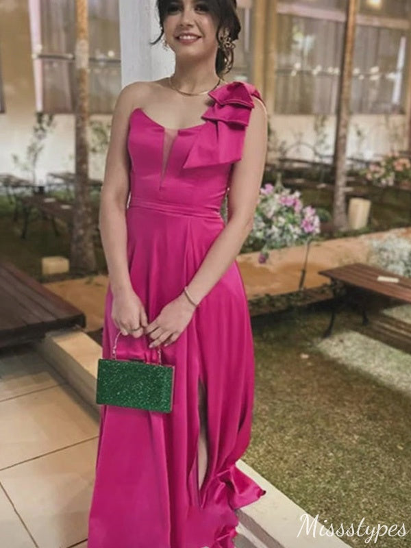 Elegant One-shoulder Notched A-line Long Prom Dress Ideas, Evening Party Dresses,ZX622