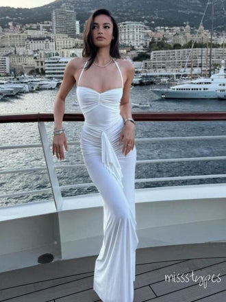 White Sheath Spaghetti Strap Pleat Long Women Evening Prom Evening Dress,ZX238
