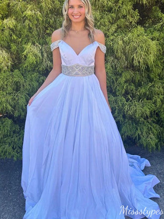 Elegant Off-shoulder V-neck A-line Long Prom Dress Ideas, Evening Party Dresses,ZX625