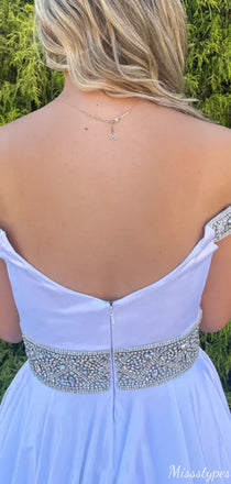 Elegant Off-shoulder V-neck A-line Long Prom Dress Ideas, Evening Party Dresses,ZX625