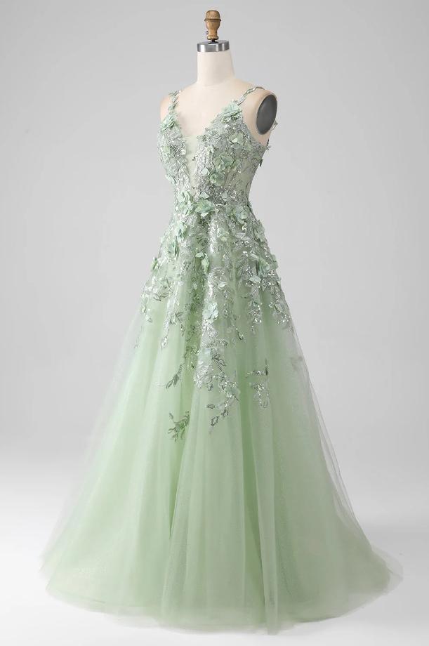 Green Princess A-Line Appliqued Floor-Length Fashion Prom Dresses,ZX180