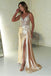 Champagne Charming Beaded Side Slit Spaghetti Strap Mermaid Long Prom Evening Dress,ZX309