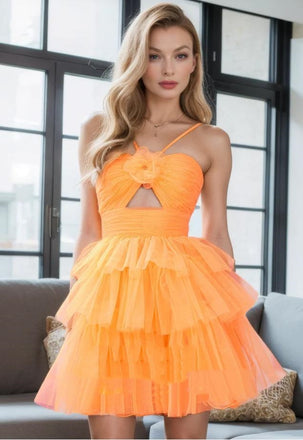 Cute Orange Strapless Flower Empire Tulle A-Line Women Mini Party Homecoming Dresses,HM263