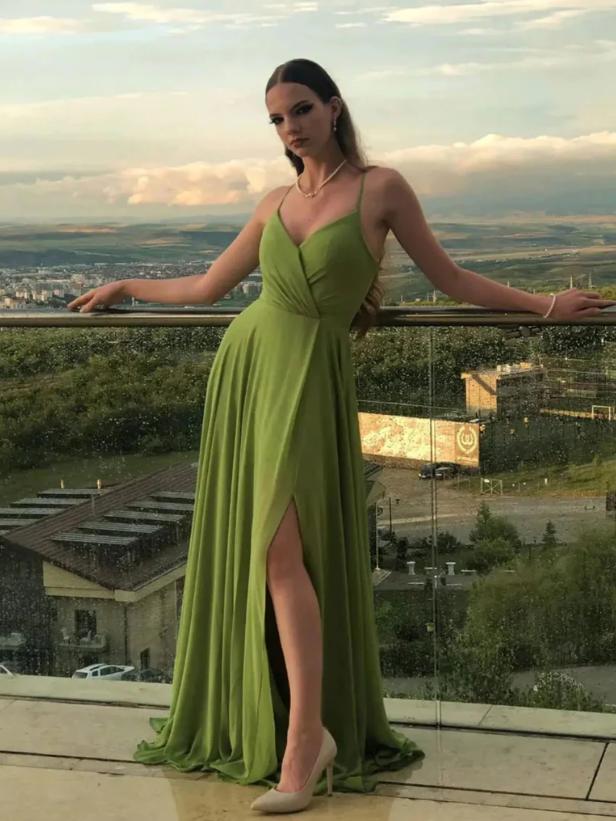 Sexy Dark-Green V-Neck Spaghetti Strap With Trailing Long Prom Evening Dress,ZX294