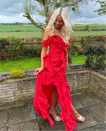 Red Sexy Ruffle Off Shoulder Pleat Mermaid Long Prom Evening Dress,ZX314