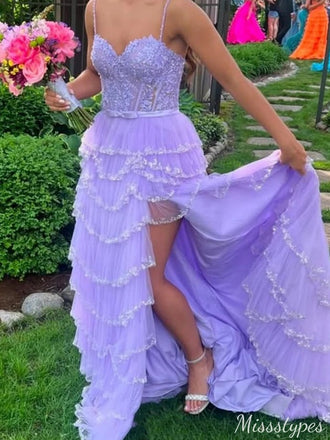 Gorgeous Spaghetti Strap Lace A-line Long Prom Dress Ideas, Evening Party Dresses,ZX629