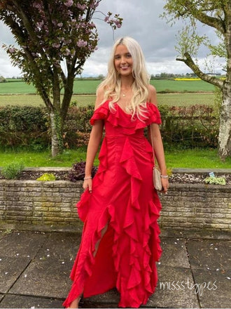 Red Sexy Ruffle Off Shoulder Pleat Mermaid Long Prom Evening Dress,ZX314