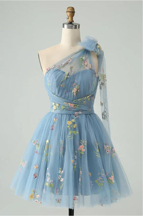 Flower Beautiful Blue One Shoulder Tulle A-Line Mini Homecoming Dresses, HM78