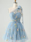 Flower Beautiful Blue One Shoulder Tulle A-Line Mini Homecoming Dresses, HM78