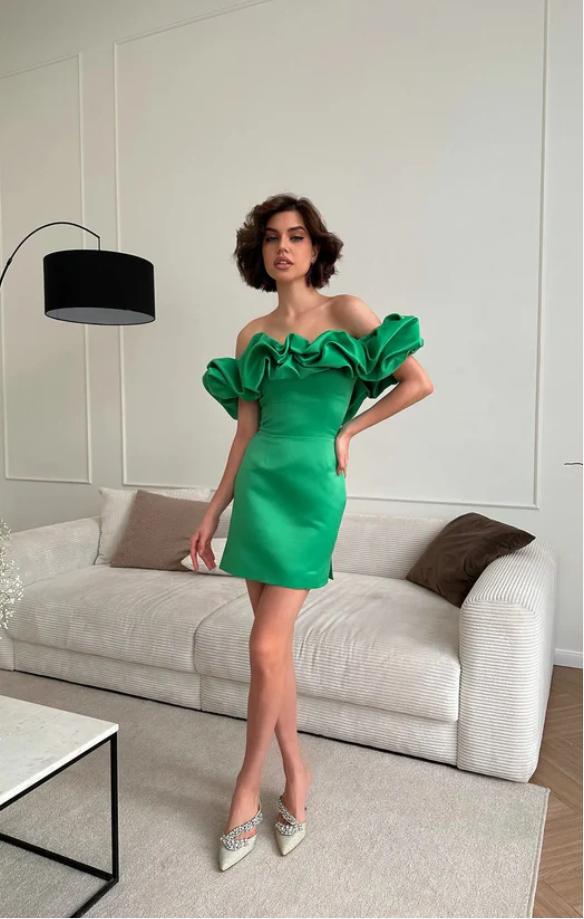 Simple Green Satin Off Shoulder Ruffle Mini New Arrival Homecoming Dresses,HM111