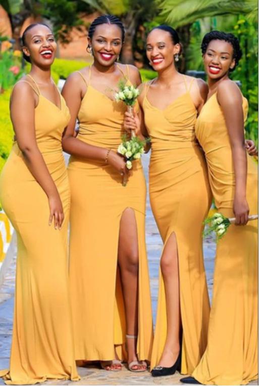 New Arrival Sexy Yellow Side Slit Spaghetti Strap Mermaid Women Floor-Length Bridesmaid Dresses Online, BL160