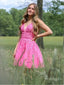 Pink V-Neck Lace Empire Spaghetti Strap Mini New Arrival Homecoming Dresses,HM170