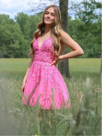 Pink V-Neck Lace Empire Spaghetti Strap Mini New Arrival Homecoming Dresses,HM170
