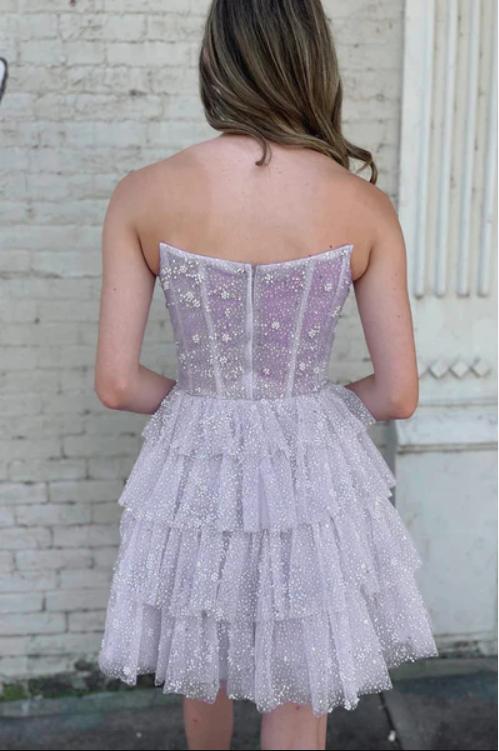 Purple Pretty Women Ruffle Strapless Mini New Arrival Homecoming Dresses,HM159