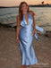 Blue V-Neck Spaghetti Strap Mermaid Satin Long Evening Prom Evening Dress,ZX224